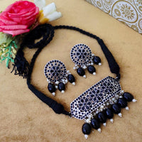 Vaamika Oxidized Plated Pota Stone & Beads Thread Necklace Set