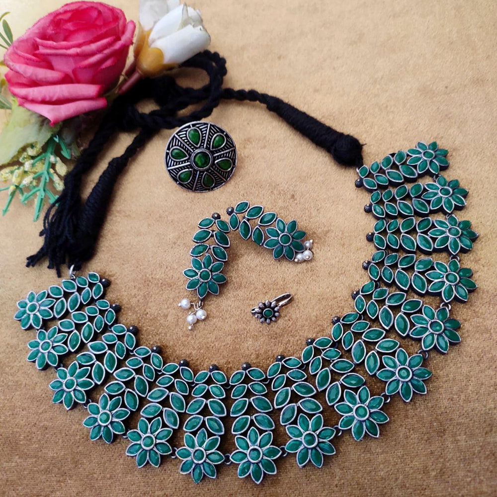 Vaamika Oxidized Plated Pota Stone Thread Necklace Set With Ring , Nose Ring