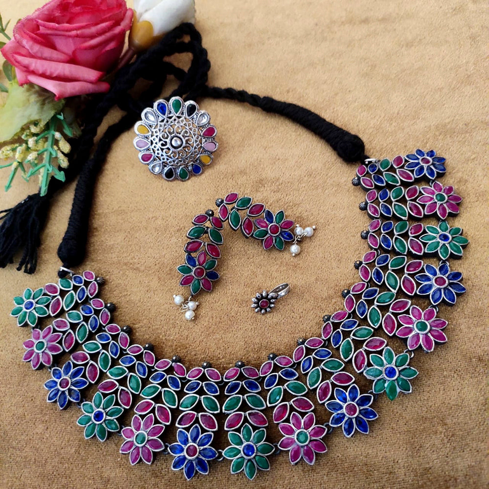 Vaamika Oxidized Plated Pota Stone Thread Necklace Set With Ring , Nose Ring