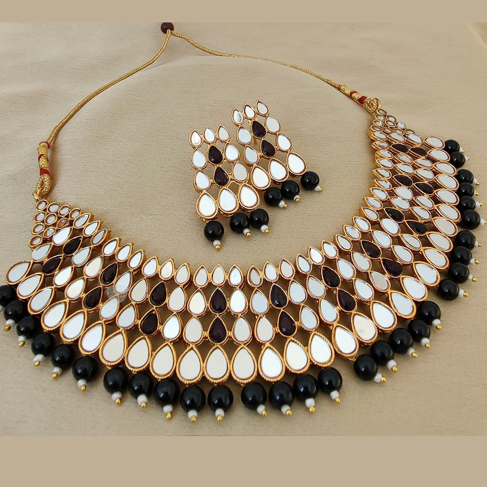 Vaamika Gold Plated Beads & Kundan Stone & Mirror Necklace Set