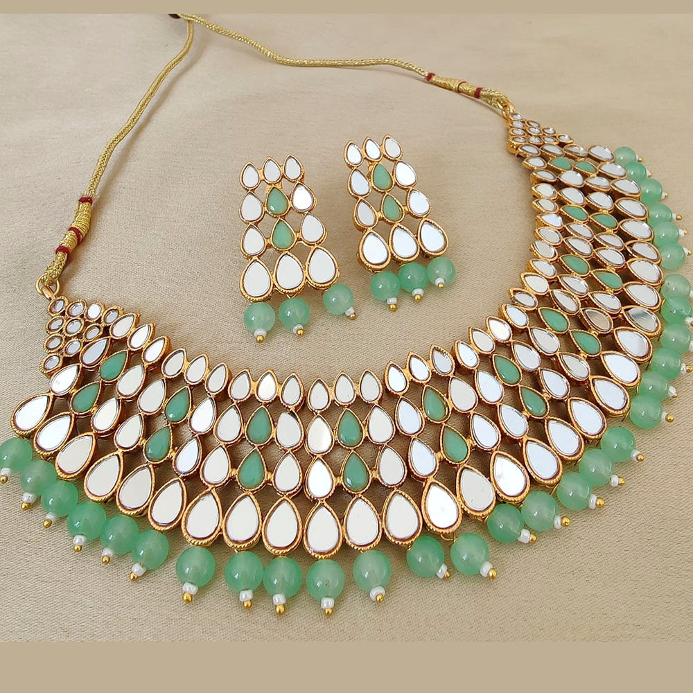 Vaamika Gold Plated Beads & Kundan Stone & Mirror Necklace Set