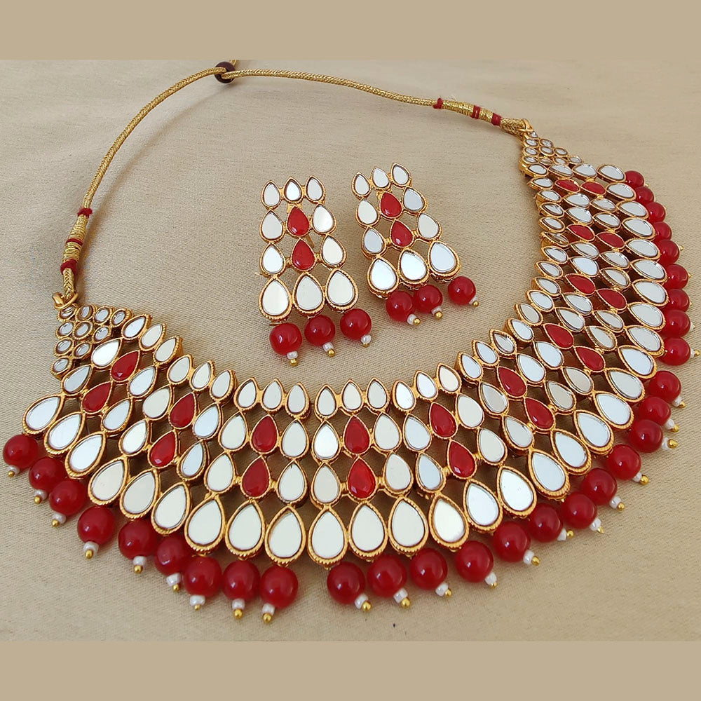 Vaamika Gold Plated Beads & Kundan Stone & Mirror Necklace Set