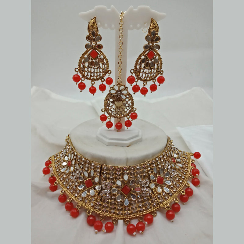 Vaamika Gold Plated Austrian Stone & Beads Mirror Necklace Set