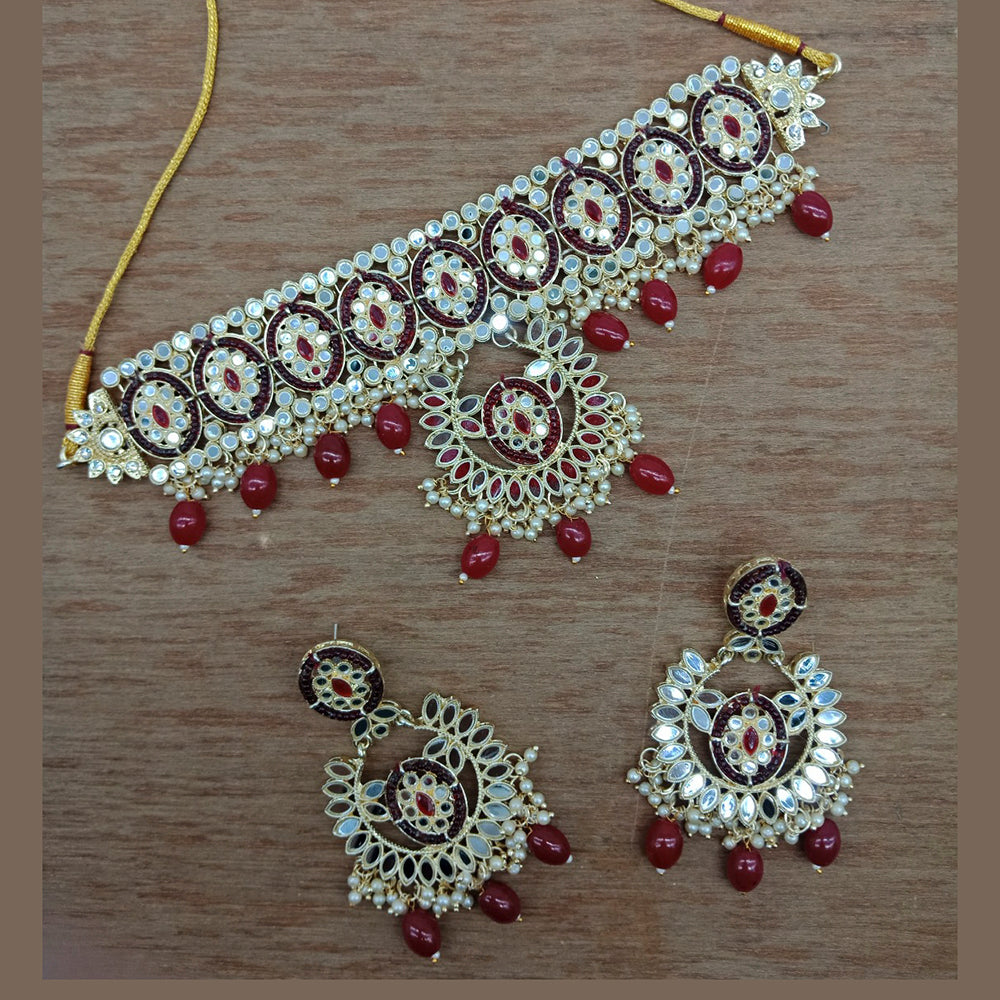 Vaamika Gold Plated Kundan Stone & Mirror & Beads Necklace Set