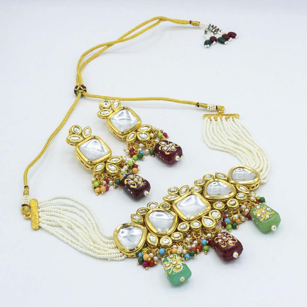 Vaamika Gold Plated Kundan Stone & Beads Necklace Set
