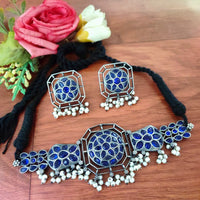 Vaamika Blaack Pota Stone Thread Oxidized Plated Necklace Set