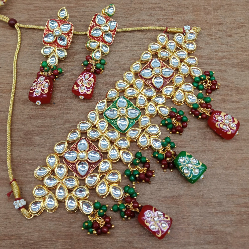 Vaamika Gold Plated Kundan Stone & Beads Traditional Choker Necklace Set