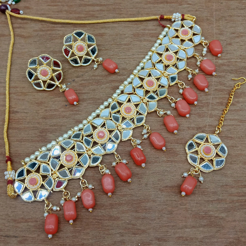 Vaamika Gold Plated Mirror & Beads Traditional Choker Necklace Set
