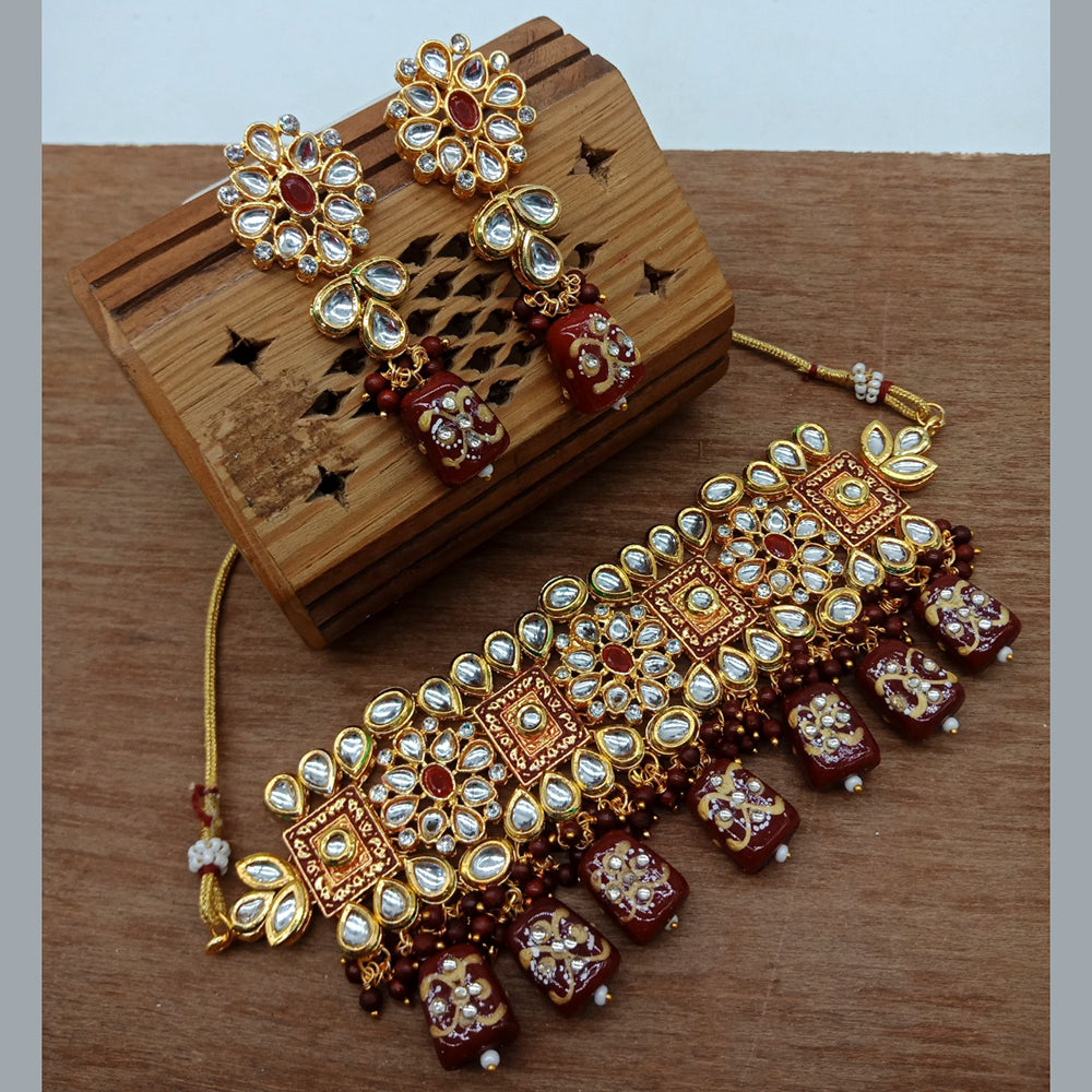 Vaamika Gold Plated Kundan Stone & Beads Traditional Choker Necklace Set