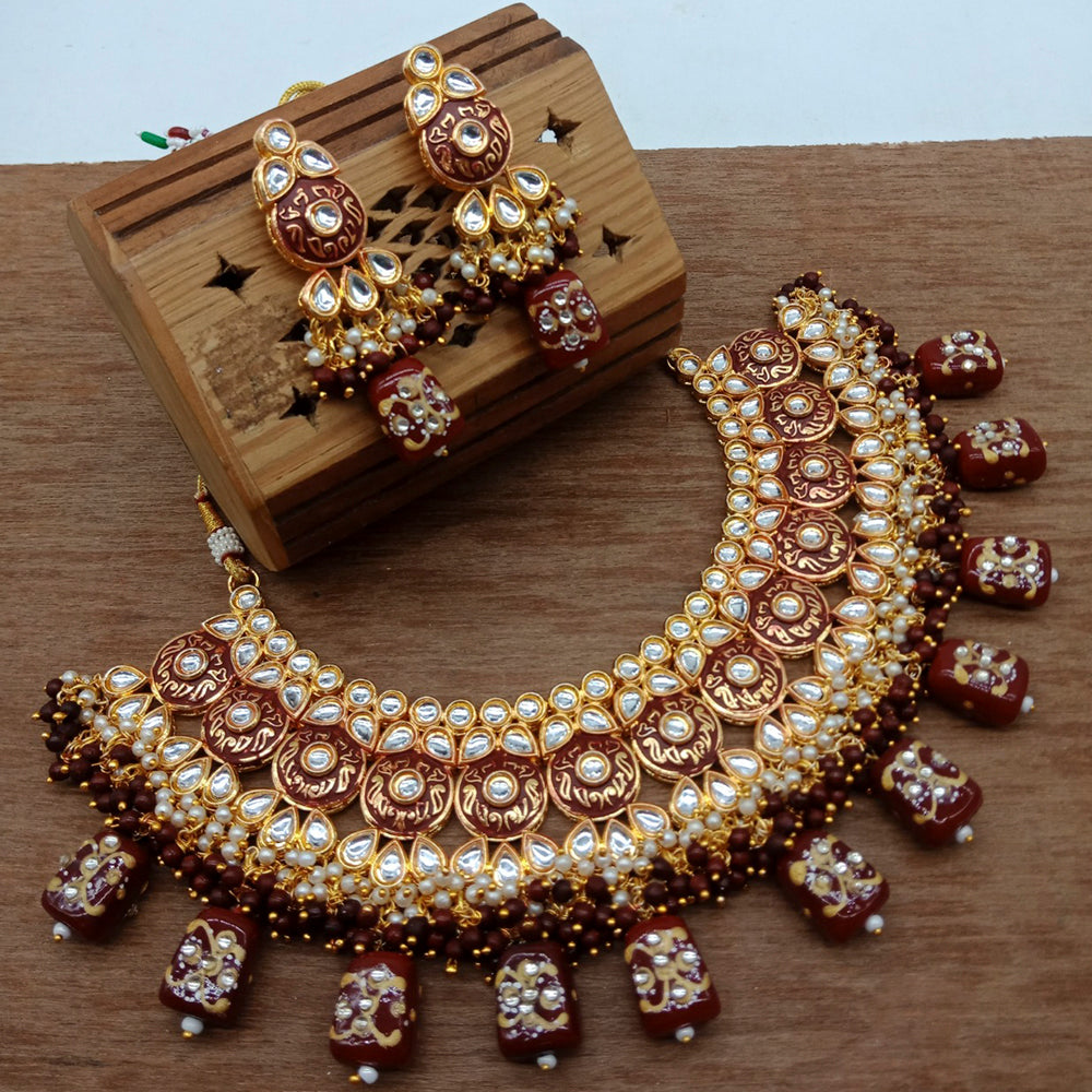 Vaamika Gold Plated Kundan Stone & Beads Traditional Choker Necklace Set
