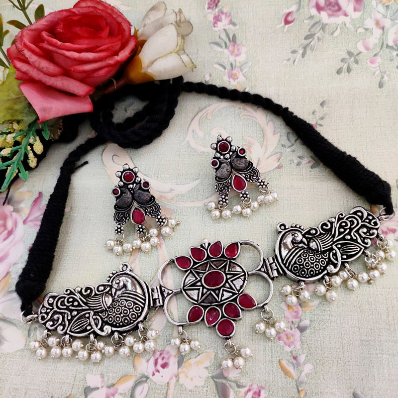 Vaamika Oxidized Plated Pota Stone Thread Necklace Set