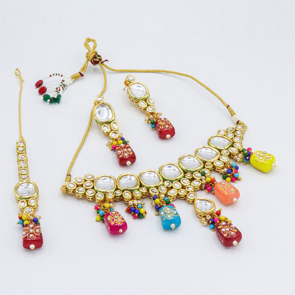 Vaamika Gold Plated Kundan Stone & Beads Traditional Choker Necklace Set- VMNECK403