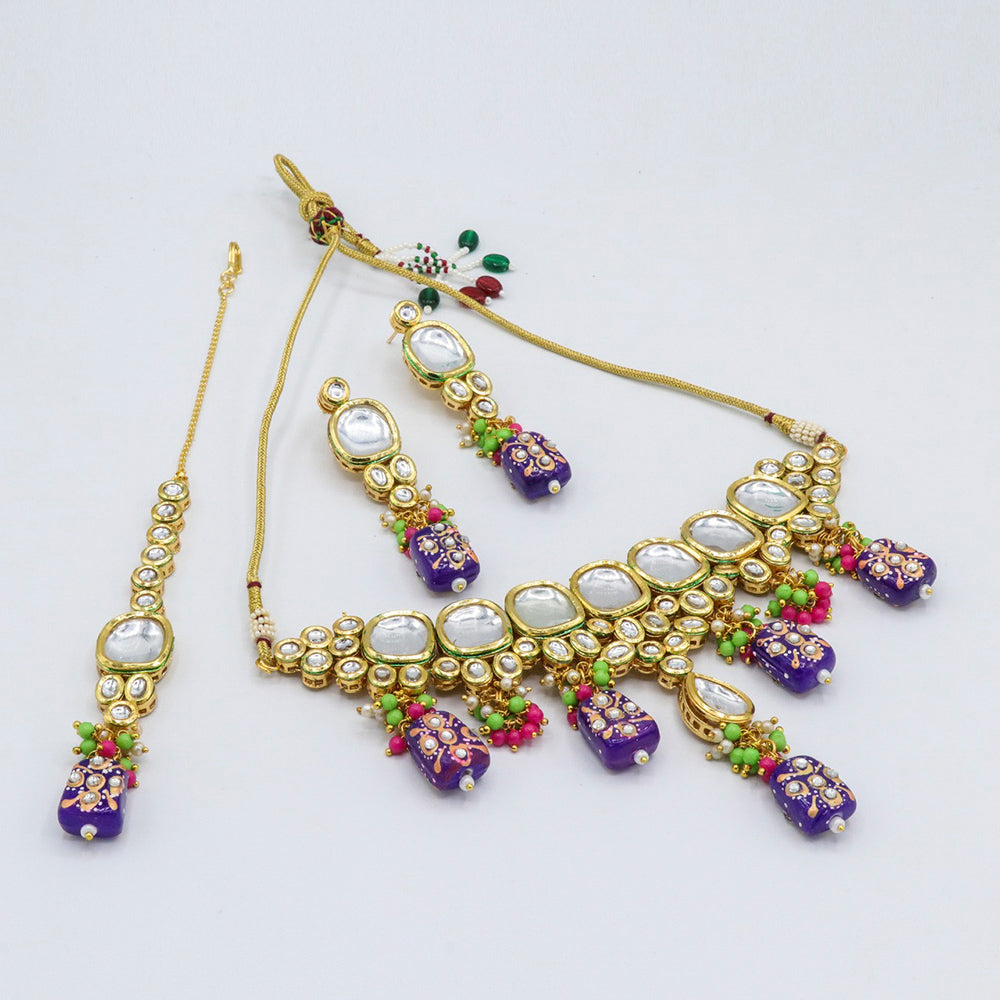 Vaamika Gold Plated Kundan Stone & Beads Traditional Choker Necklace Set- VMNECK403