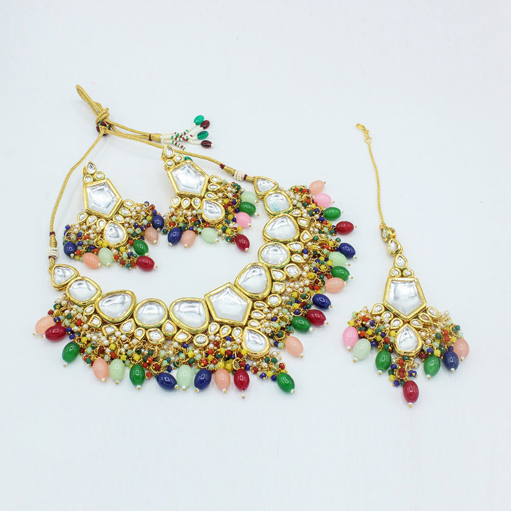 Vaamika Gold Plated Kundan Stone & Beads Traditional Choker Necklace Set- VMNECK407