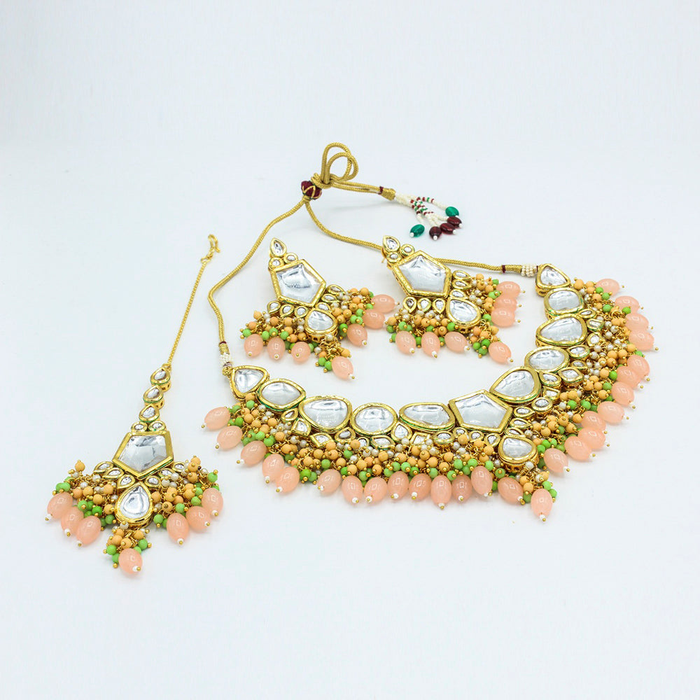 Vaamika Gold Plated Kundan Stone & Beads Traditional Choker Necklace Set- VMNECK407