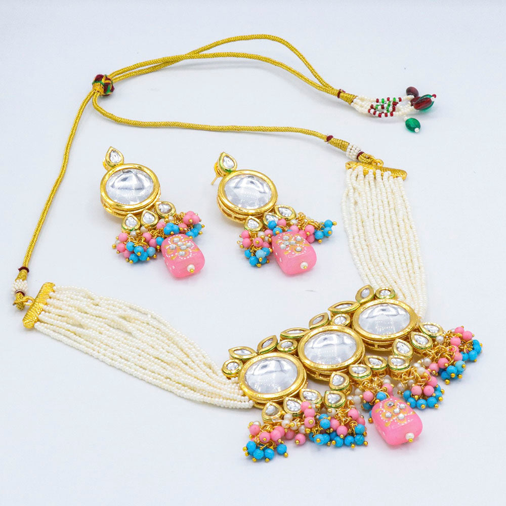 Vaamika Gold Plated Kundan Stone & Beads Traditional Choker Necklace Set- VMNECK412