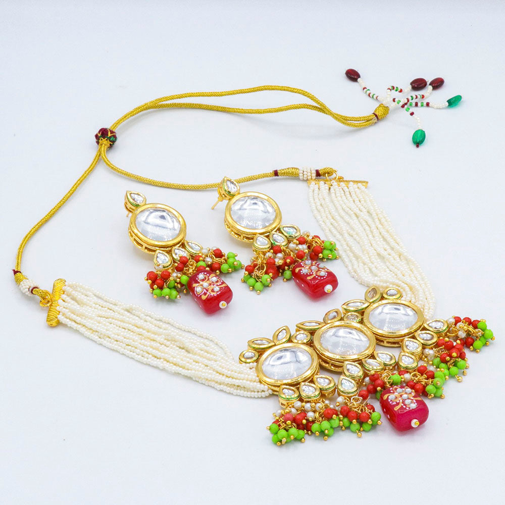 Vaamika Gold Plated Kundan Stone & Beads Traditional Choker Necklace Set- VMNECK412