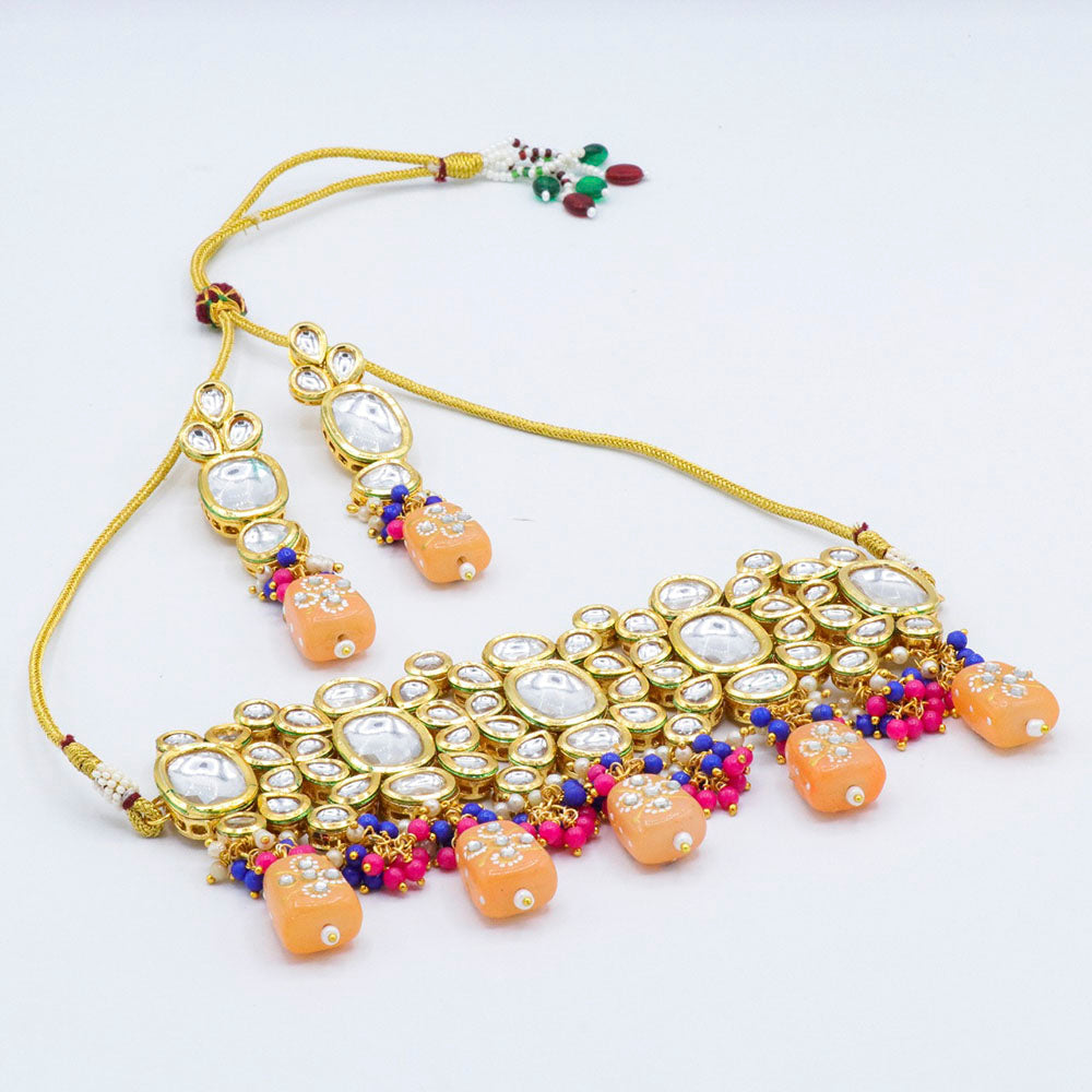Vaamika Gold Plated Kundan Stone & Beads Traditional Choker Necklace Set- VMNECK413