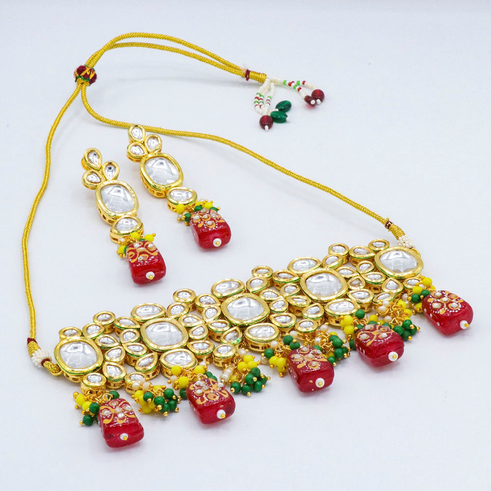 Vaamika Gold Plated Kundan Stone & Beads Traditional Choker Necklace Set- VMNECK413
