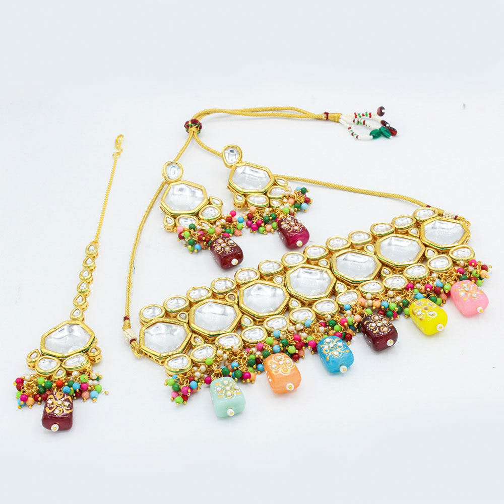 Vaamika Gold Plated Kundan Stone & Beads Traditional Choker Necklace Set- VMNECK414