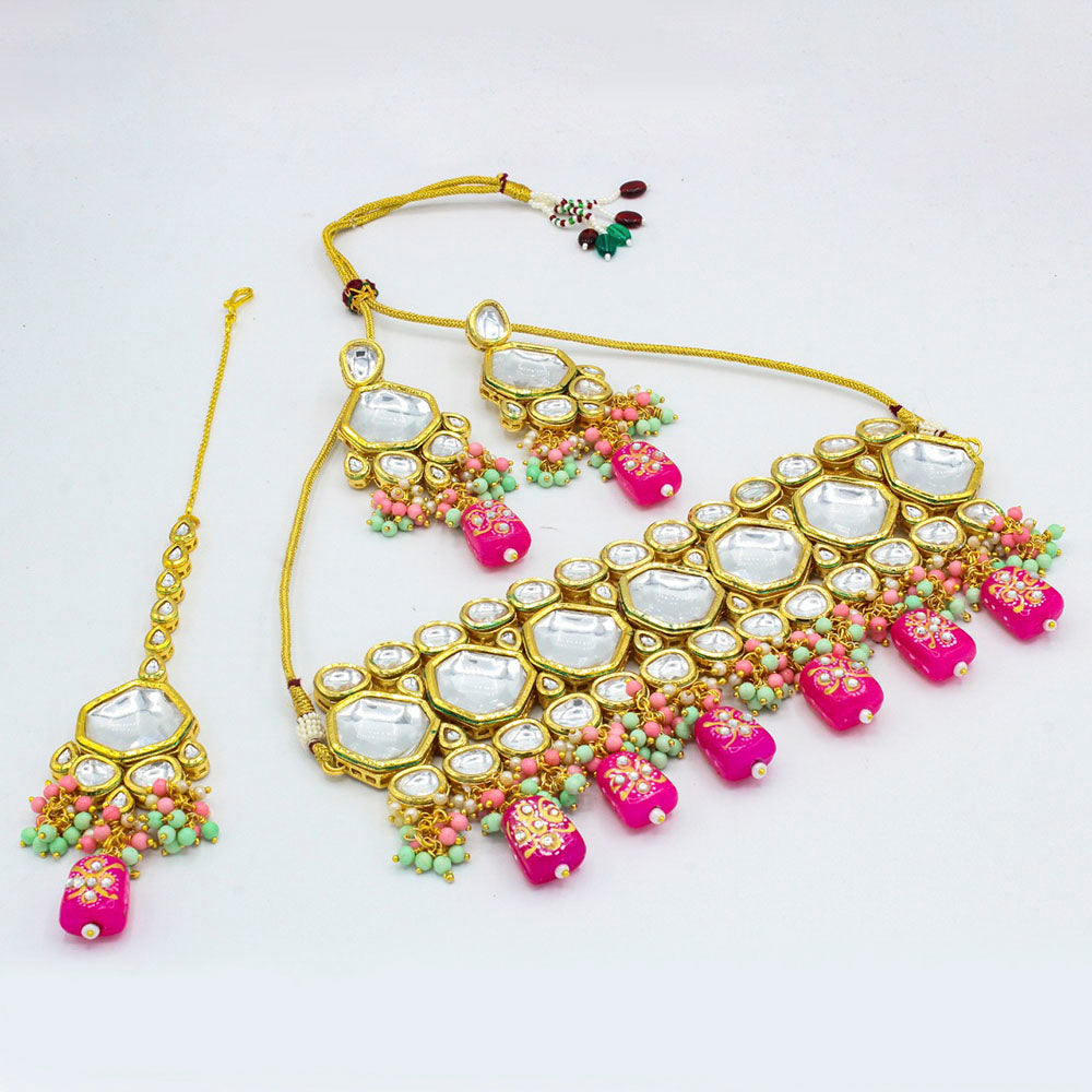Vaamika Gold Plated Kundan Stone & Beads Traditional Choker Necklace Set- VMNECK414