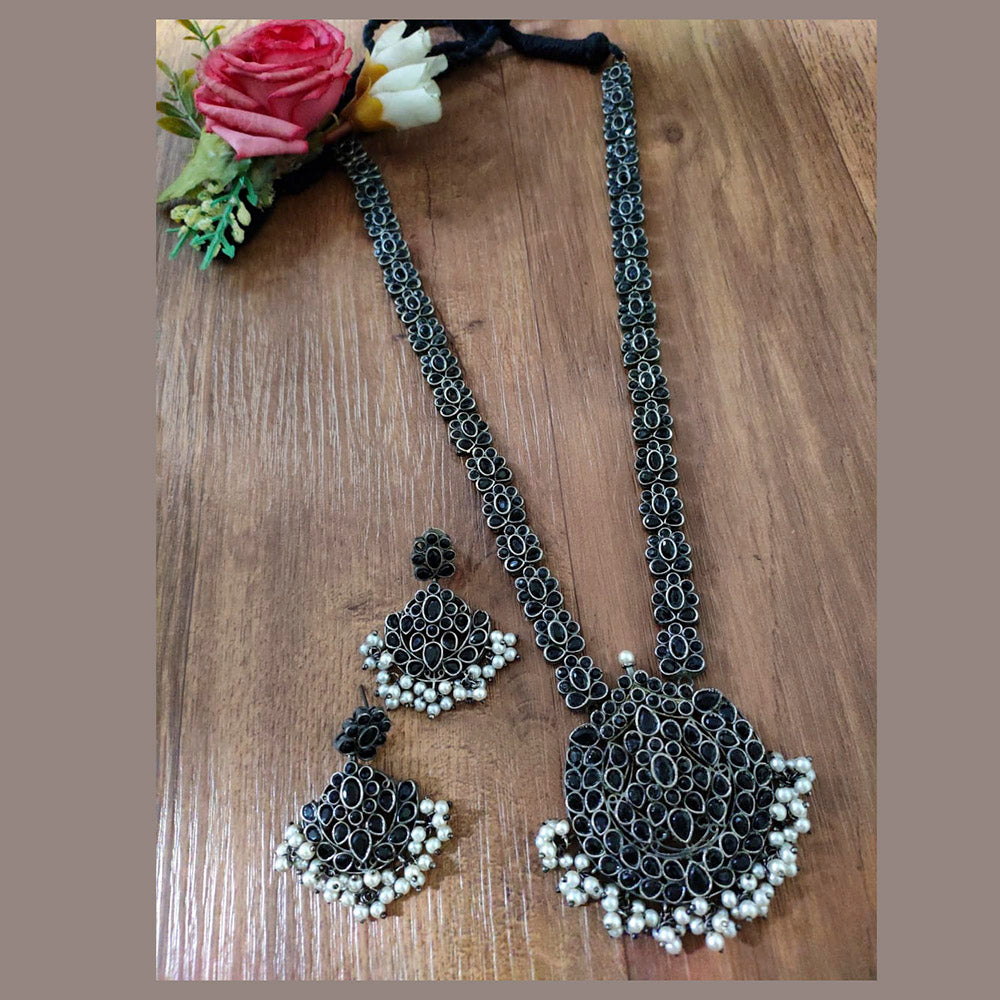 Vaamika Oxidised Plated Pota Stone Long Necklace Set