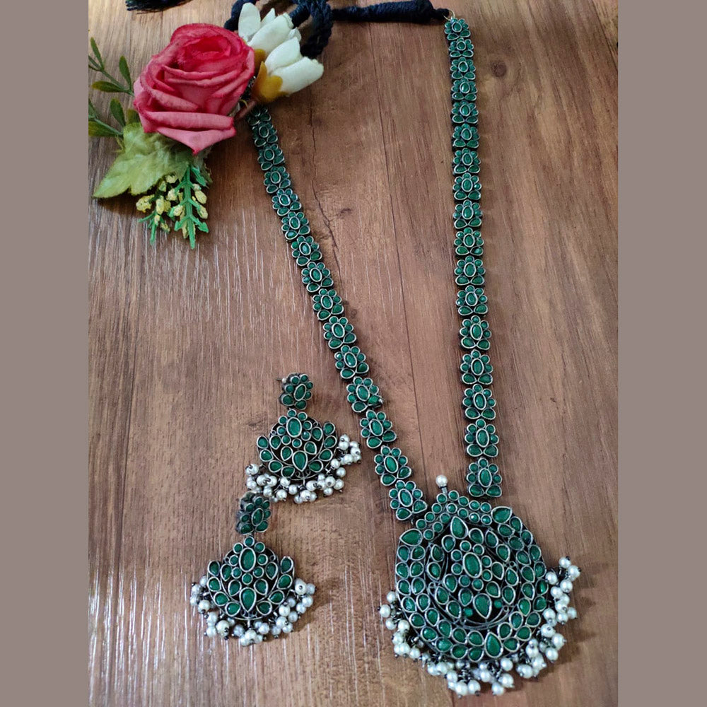 Vaamika Oxidised Plated Pota Stone Long Necklace Set
