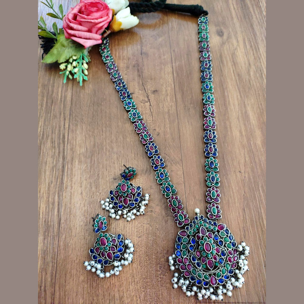 Vaamika Oxidised Plated Pota Stone Long Necklace Set