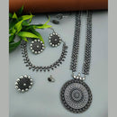Vaamika Oxidized Plated Long And Short Necklace Set With Nose Ring , Ring , Bracelet Combo