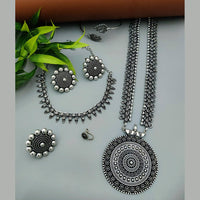 Vaamika Oxidized Plated Long And Short Necklace Set With Nose Ring , Ring , Bracelet Combo