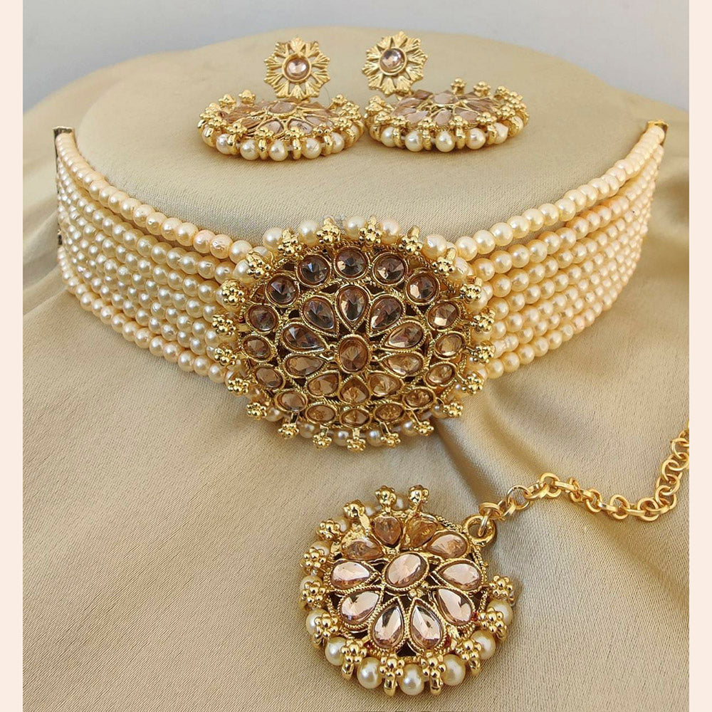 Vaamika Crystal Stone & Beads Gold Plated Choker Necklace Set