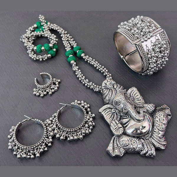 Vaamika Blaack Thread Oxidised Ganpati Necklace Set With  Earrings, Ring , Bracelet