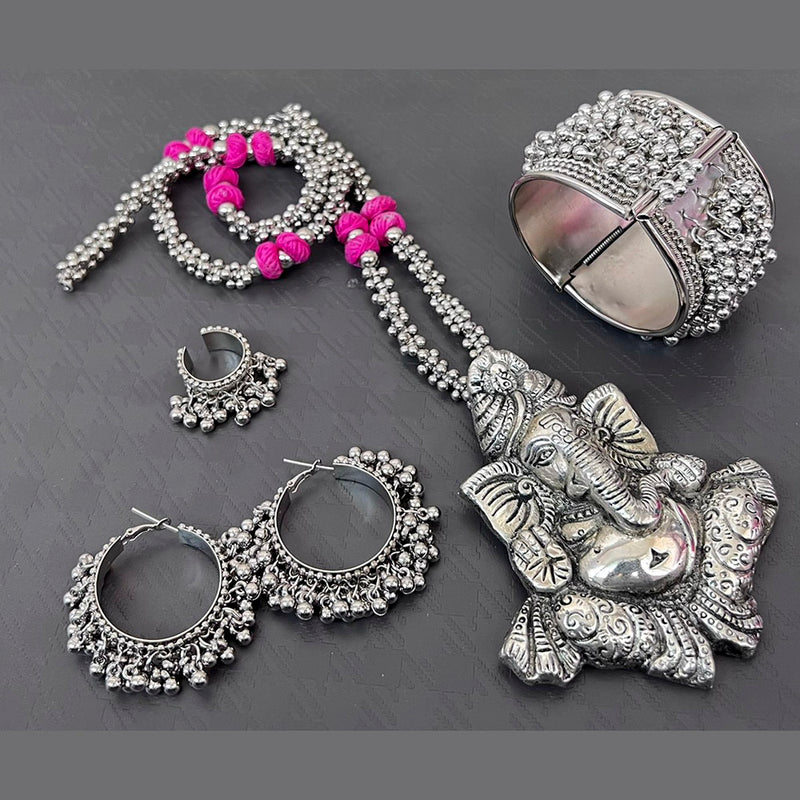 Vaamika Blaack Thread Oxidised Ganpati Necklace Set With  Earrings, Ring , Bracelet