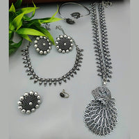 Vaamika Oxidized Plated Long And Short Necklace Set With Nose Ring , Ring , Bracelet Combo