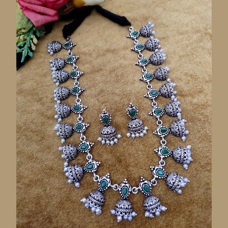 Vaamika Oxidised Plated Pota Stone Long Necklace Set