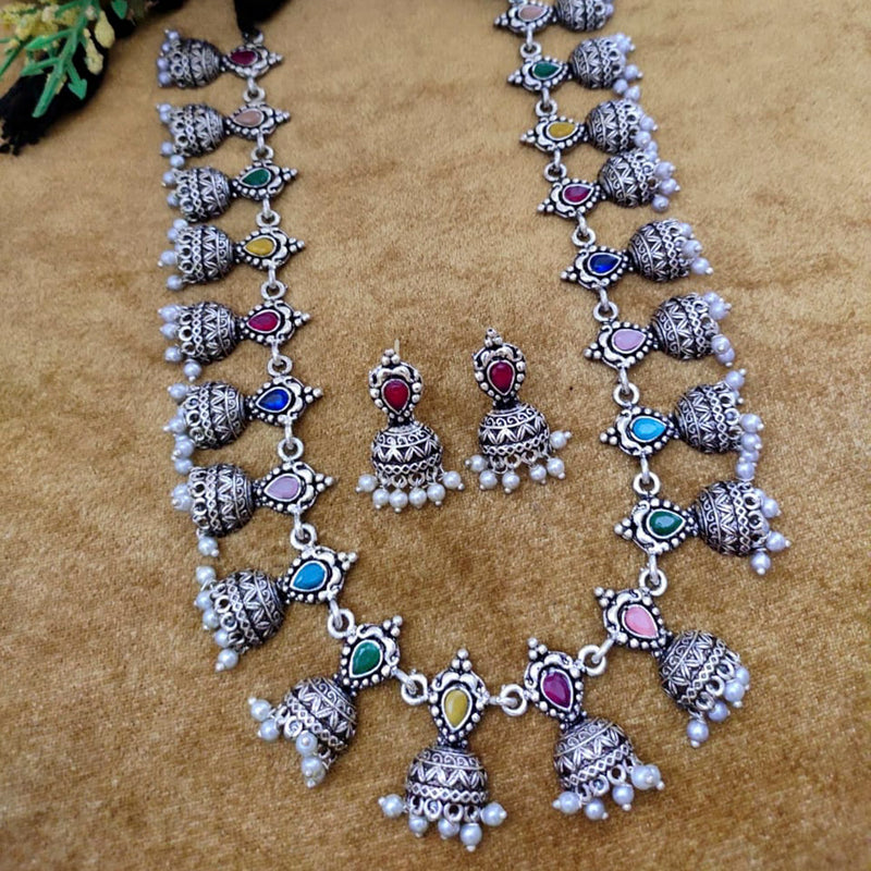 Vaamika Oxidised Plated Pota Stone Long Necklace Set