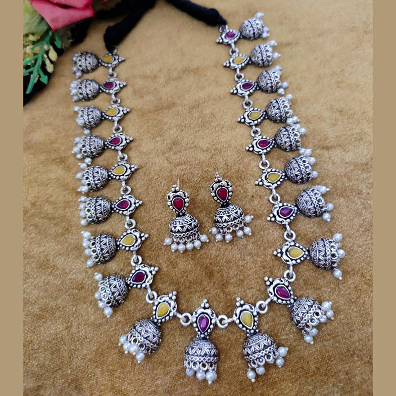 Vaamika Oxidised Plated Pota Stone Long Necklace Set