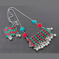 Vaamika Pota Stone Silver Plated Long Necklace Set