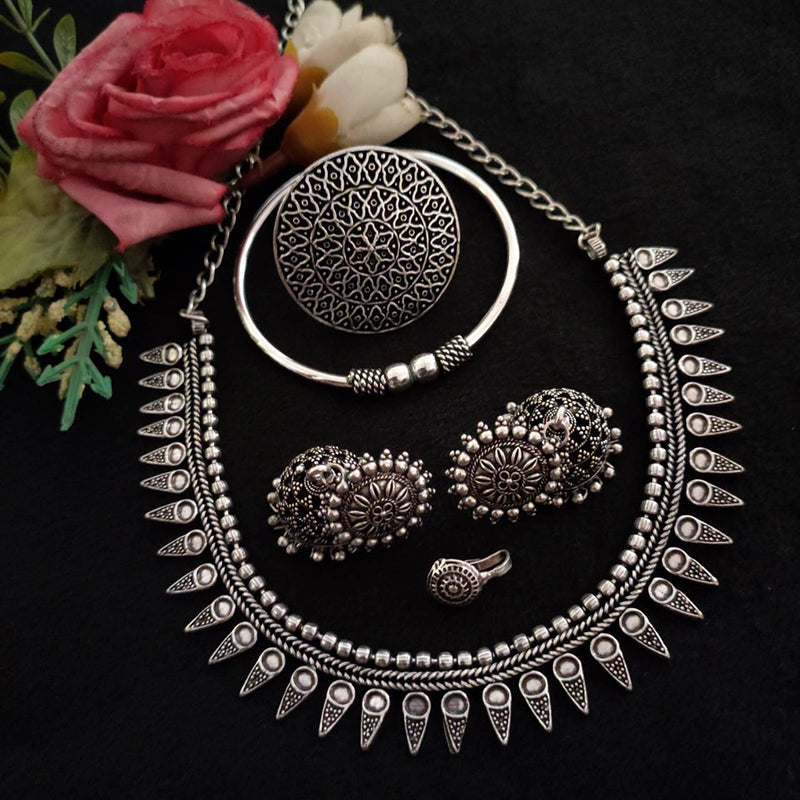 Vaamika Oxidized Plated Necklace Set With Nose Pin , Ring , Kada