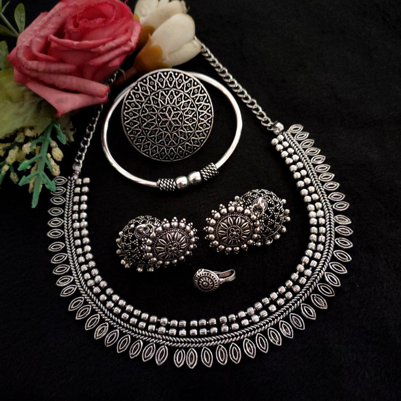 Vaamika Oxidized Plated Necklace Set With Nose Pin , Ring , Kada