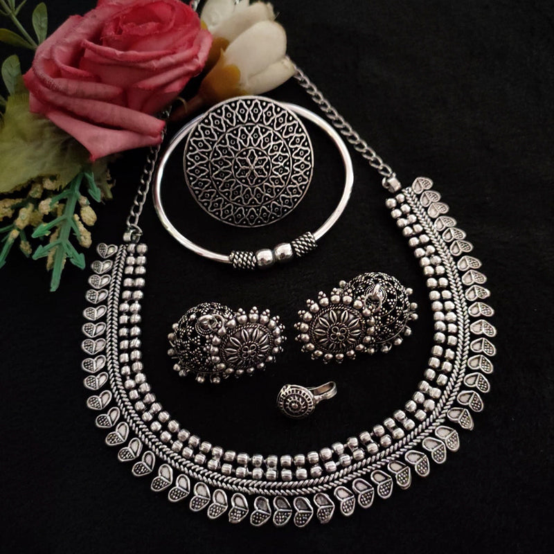 Vaamika Oxidized Plated Necklace Set With Nose Pin , Ring , Kada