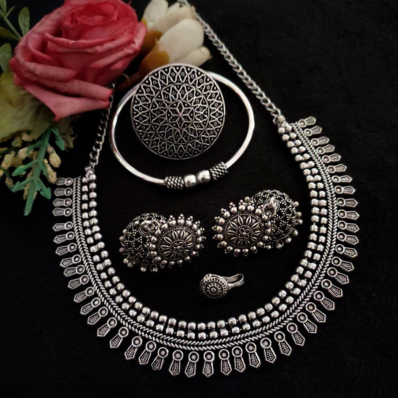 Vaamika Oxidized Plated Necklace Set With Nose Pin , Ring , Kada