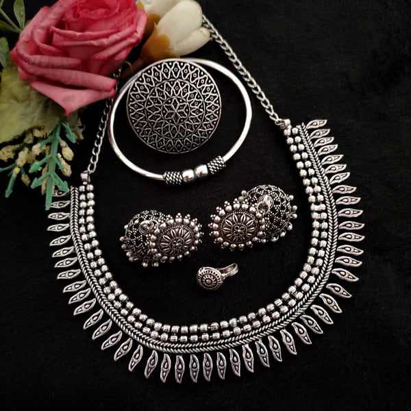 Vaamika Oxidized Plated Necklace Set With Nose Pin , Ring , Kada