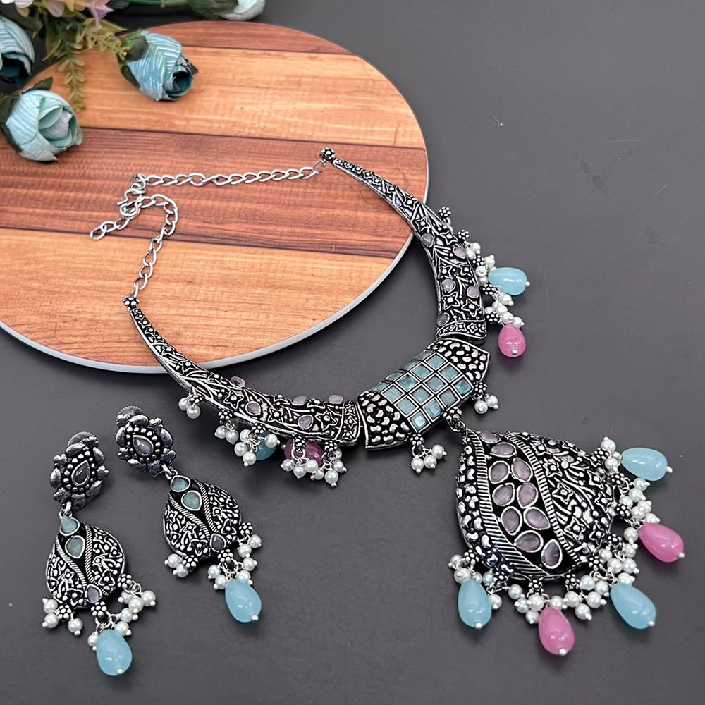 Vaamika Kundan Stone Silver Plated Choker Necklace Set