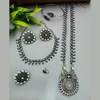 Vaamika Oxidized Plated Long And Short Necklace Set With Nose Ring , Ring , Bracelet Combo