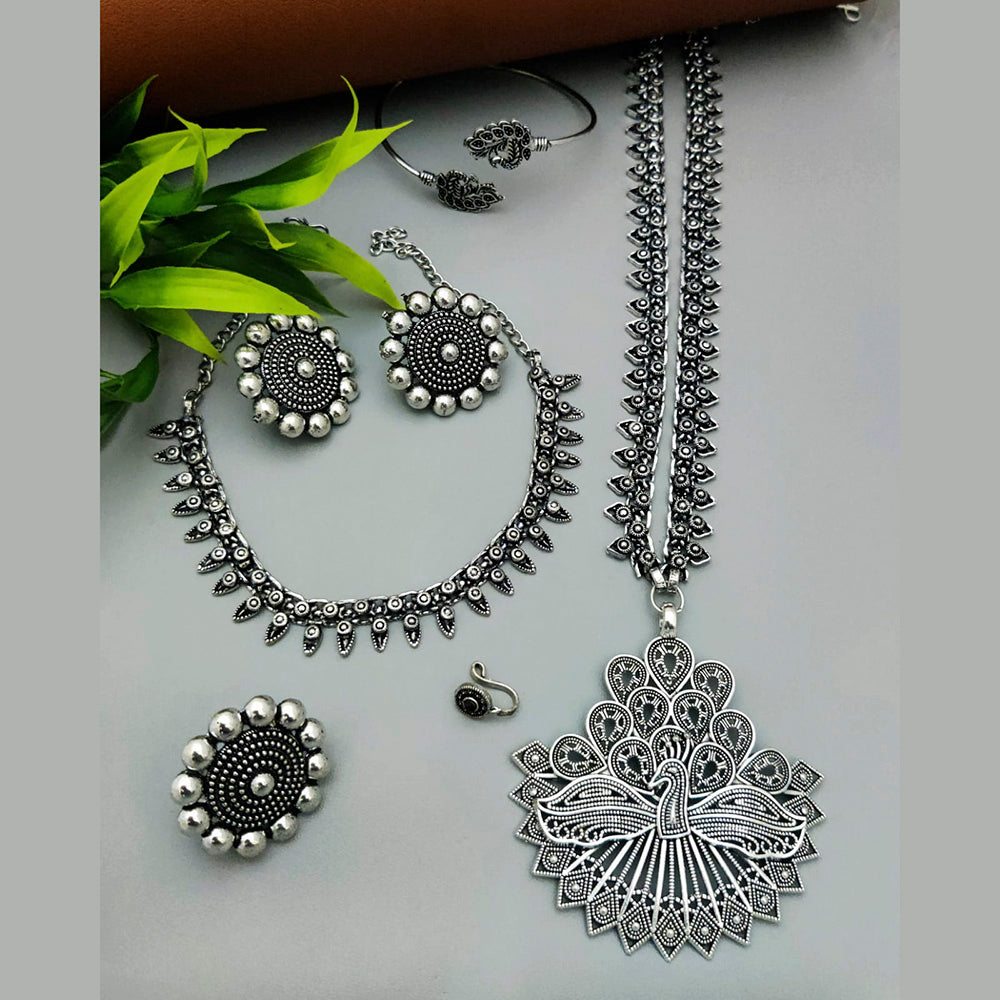Vaamika Oxidized Plated Long And Short Necklace Set With Nose Ring , Ring , Bracelet Combo