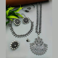 Vaamika Oxidized Plated Long And Short Necklace Set With Nose Ring , Ring , Bracelet Combo