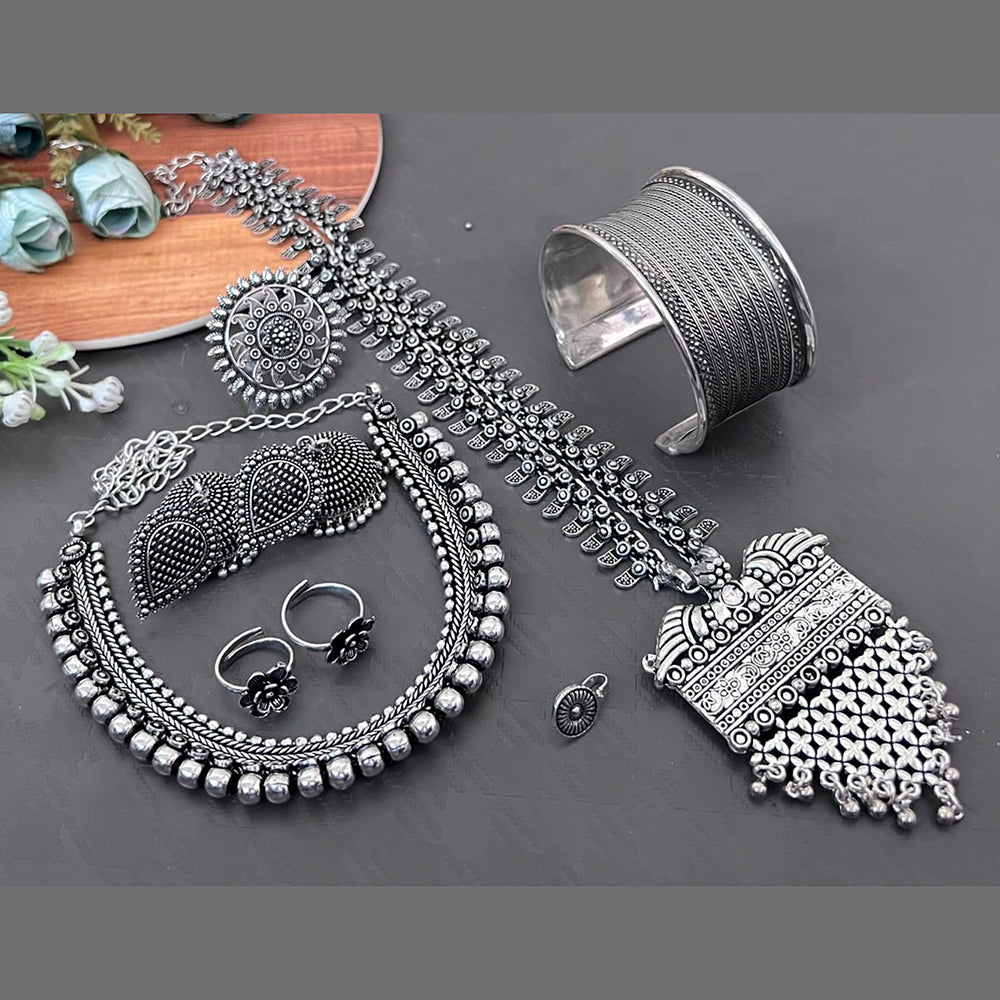 Vaamika Oxidized Plated Long & Choker Necklace Set With Nose Pin , Ring , Kada , toe Ring
