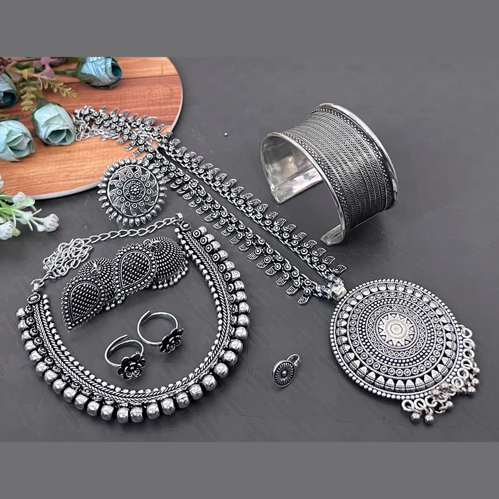 Vaamika Oxidized Plated Long & Choker Necklace Set With Nose Pin , Ring , Kada , toe Ring