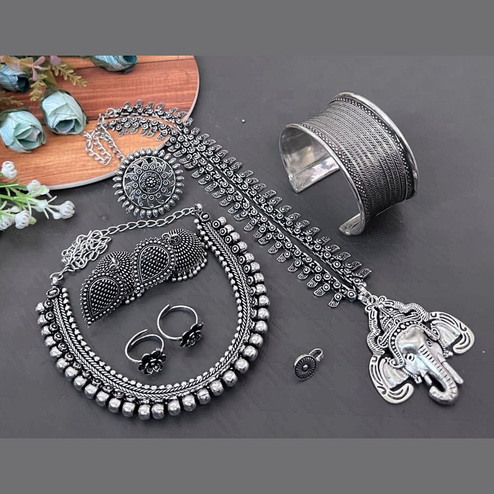 Vaamika Oxidized Plated Long & Choker Necklace Set With Nose Pin , Ring , Kada , toe Ring